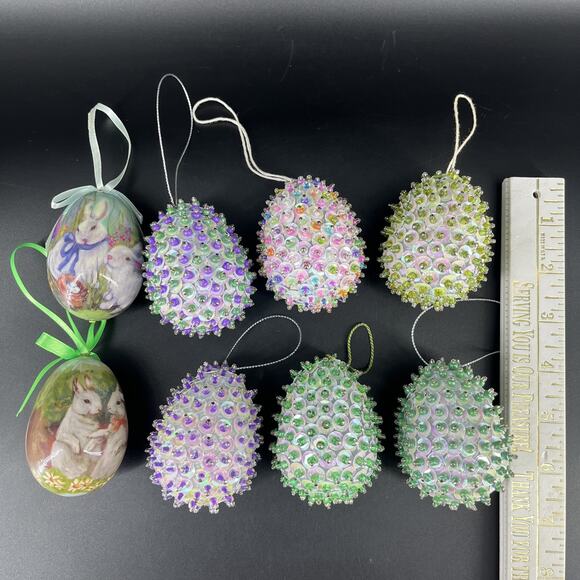 Lot of 6 Vintage Handmade Pin Push Beaded Sequin Christmas Egg Ornaments+ 2 - Picture 3 of 10